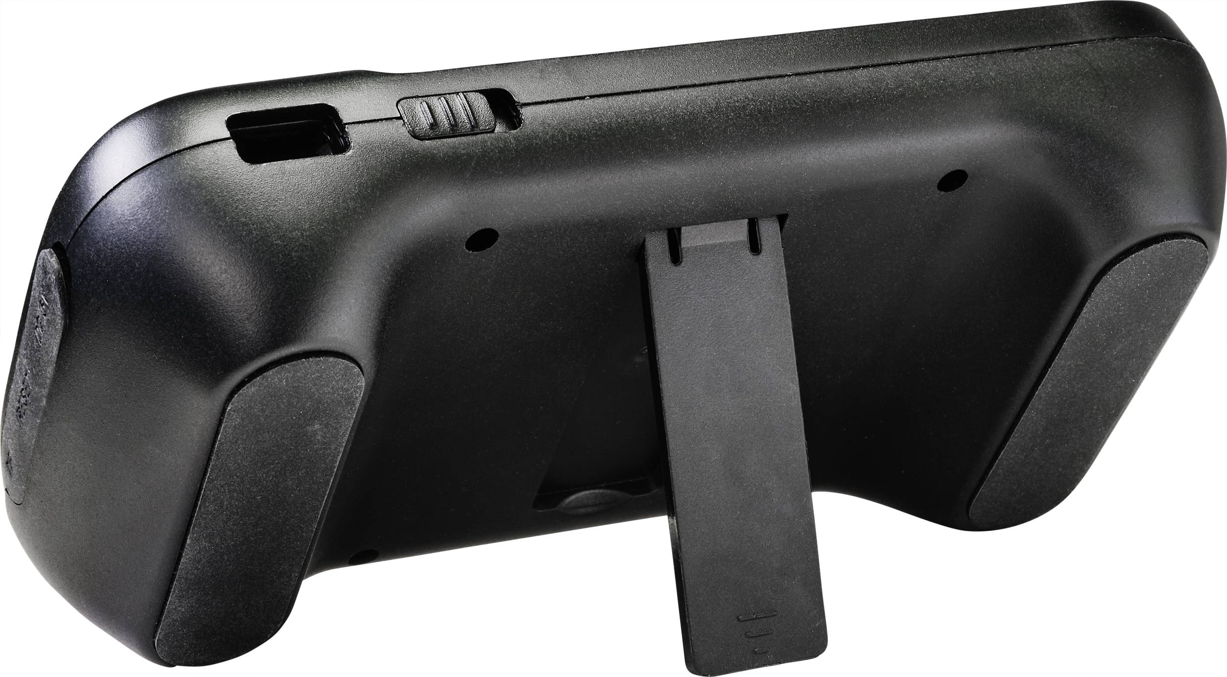 Een zwarte game-controller van achteren, met ergonomische handgrepen, een standaard en een hendel bovenaan voor bediening.