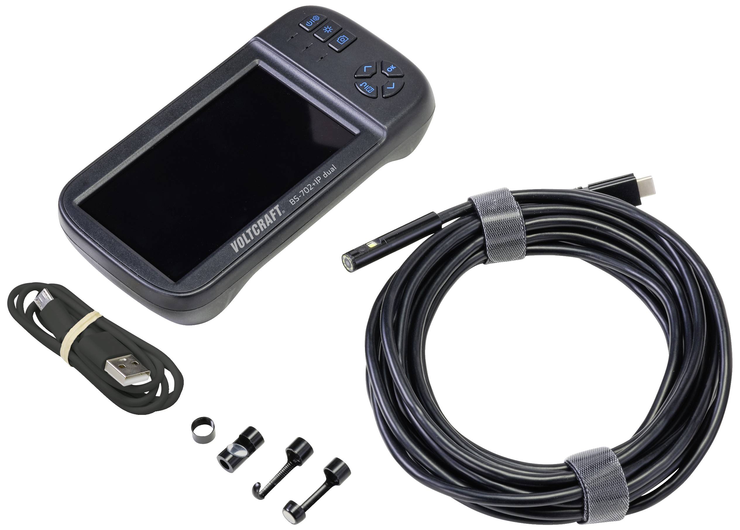 Een handapparaat met scherm, bedieningsknoppen en een verticaal kabel met camera-opzetstuk. Accessoires zoals een USB-kabel en haak zijn bijgevoegd.