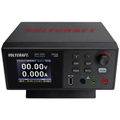 Elektronische voeding met digitaal display toont 0,00V en 0,00A, met instelknoppen voor spanning en stroomsterkte. Model: VOLTCRAFT DSP-3010.