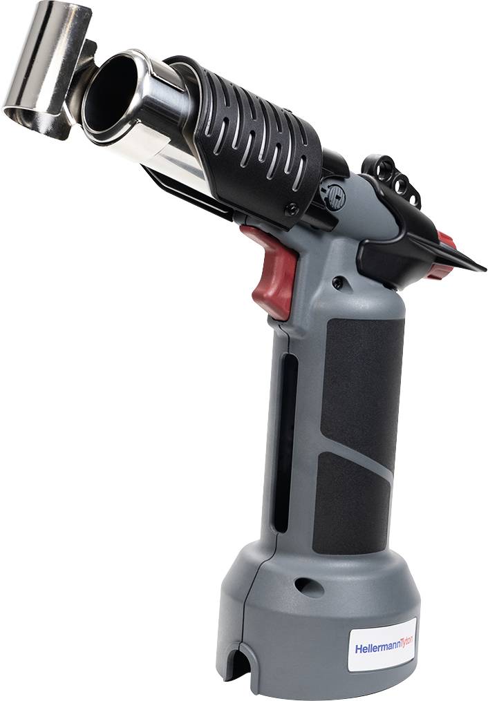 Een grijs, handgehouden heteluchtpistool met ergonomische handgreep en zwarte beschermbehuizing, merk HellermannTyton.
