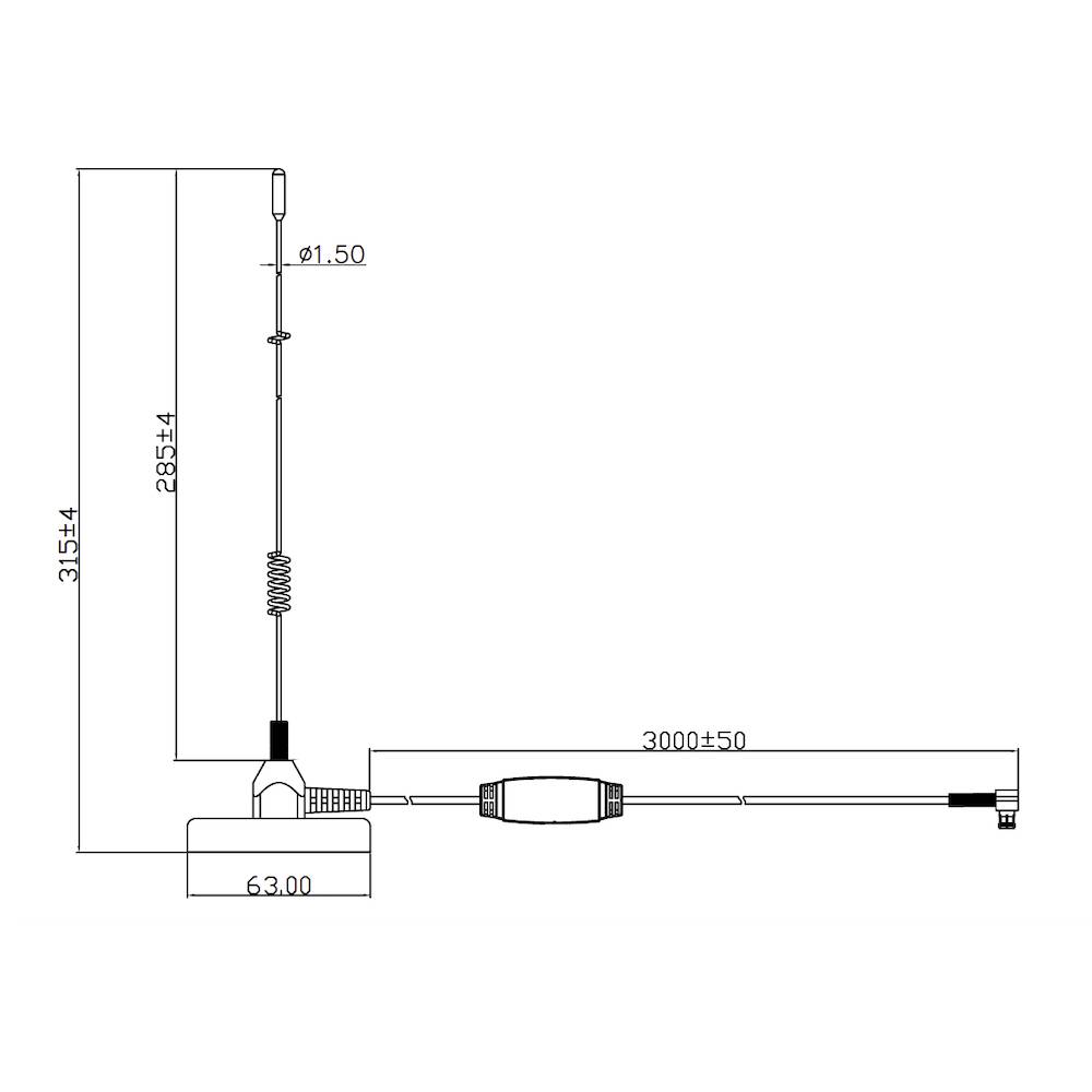 Lijnschets van een antenne met afmetingen: totale hoogte 315±4 mm, schacht 285±4 mm, diameter 1,5 mm, basiselement 63 mm, kabellengte 3000±50 mm.