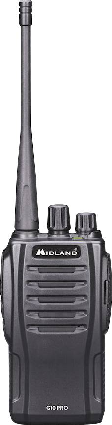 'Walkietalkie met antenne en knoppen, model Midland G10 Pro, in zwarte kleur. Apparaat voor draadloze communicatie.'