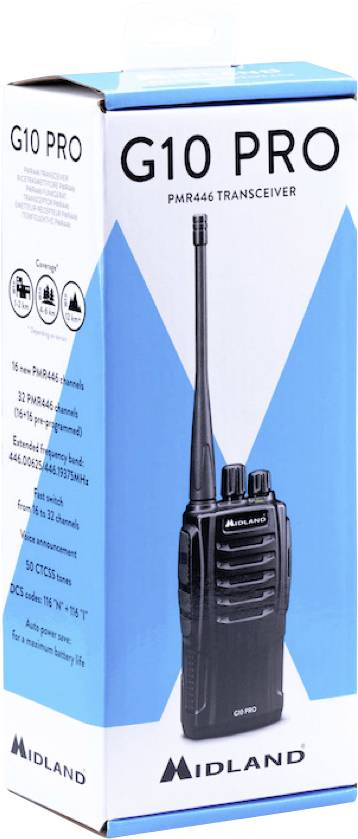 Verpakking van Midland G10 PRO PMR446 Portofoon met afbeelding van een portofoon, blauwe tekst en technische specificaties aan de zijkant.