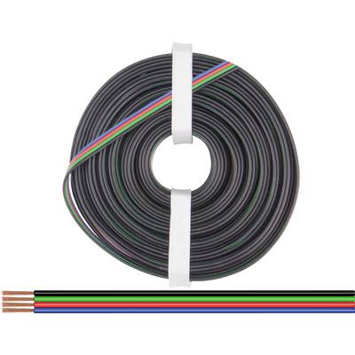 Een rol meeraderig kabel, bestaande uit zwarte, rode, groene en blauwe geleiders. Kabel is netjes gebundeld.