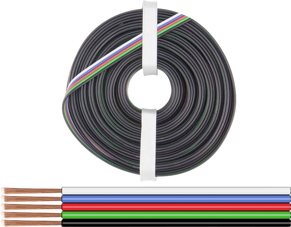 Rol met meeraderige kabel die vier gekleurde draden bevat: rood, groen, blauw en wit. Daaronder ligt een doorgesneden uiteinde.