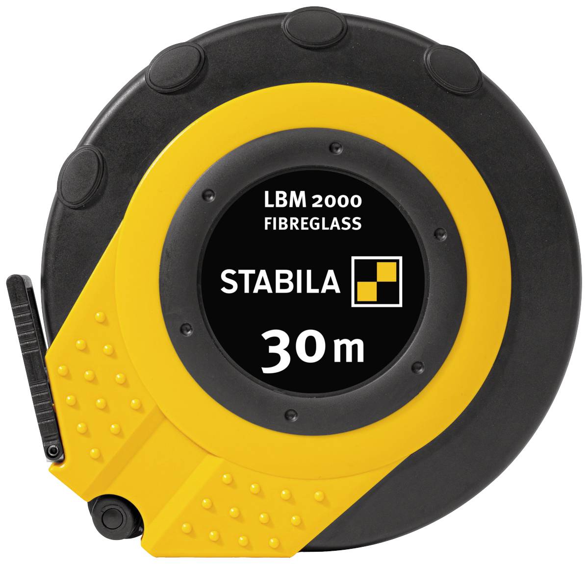 Een geel Stabila-meetlint met 30 m lengte, model LBM 2000 Fibreglass, op een zwarte ronde rol.