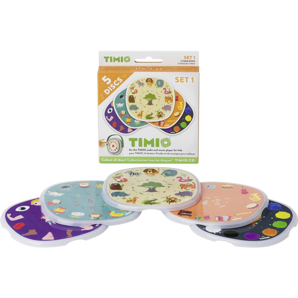 TIMIO Disk Set # 1: 5 Discs voor de TIMIO Player | Leer Kleuren, Wilde Dieren, Muziekinstrumenten, 96 Kinderliedjes Vol. 1, Lichnaamsdelen | Alles in 8 Talen | Leerspeelgoed van 2