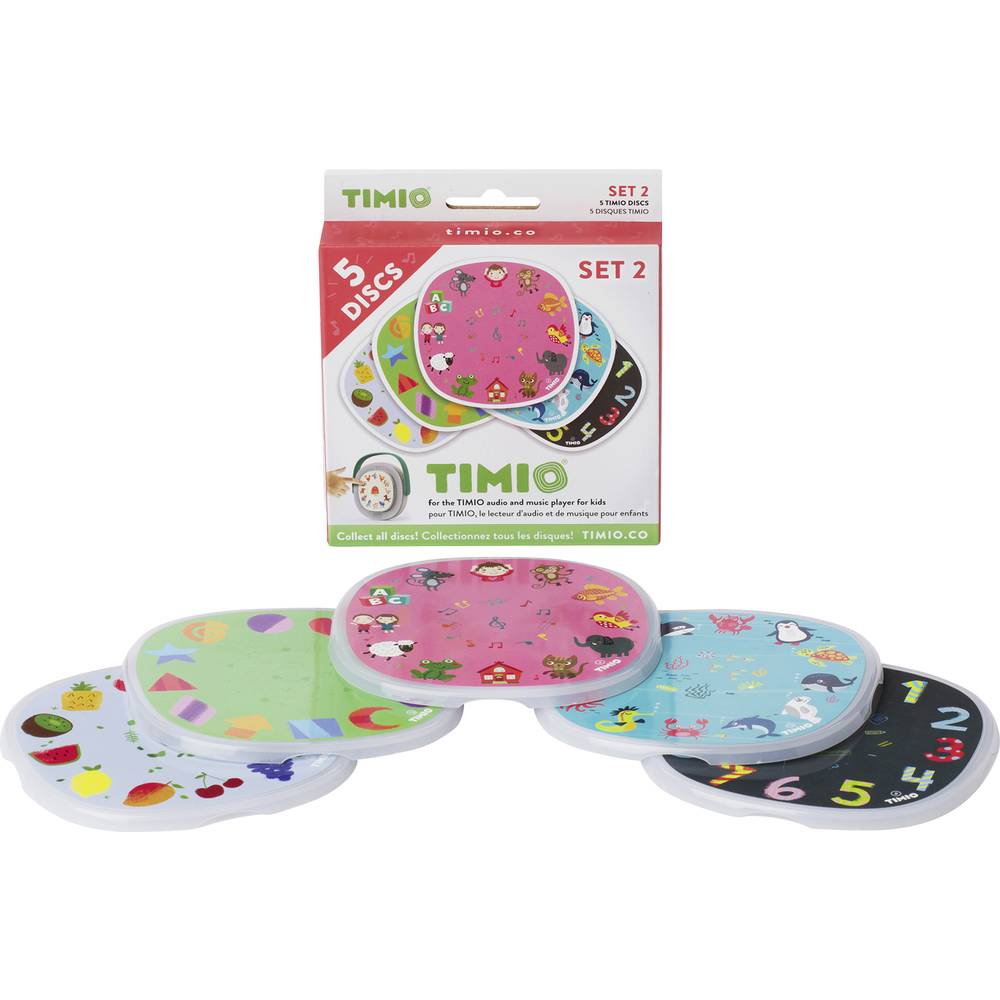 TIMIO Disk Set # 2: 5 Discs voor de TIMIO Player | Leer Getallen, 96 Kinderliedjes Vol. 2, Zeedieren, Vormen, Fruit | Alles in 8 Sprachen | Alles in 8 Talen | Leerspeelgoed van 2 -