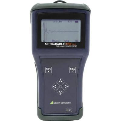 Een handapparaat voor kabellengte- en foutdetectie. Display toont grafische gegevens. Navigatietoetsen eronder. Model 'METRACABLE TDR PRO'.