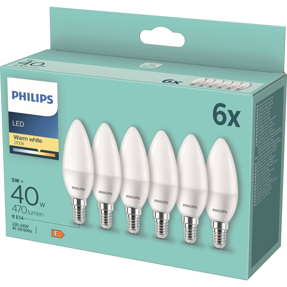 Philips Lighting 871951431344600 LED-lamp Energielabel F (A - G) E14 Kaars 5 W = 40 W Warmwit (Ø x l) 35 mm x 106 mm 6 stuk(s)