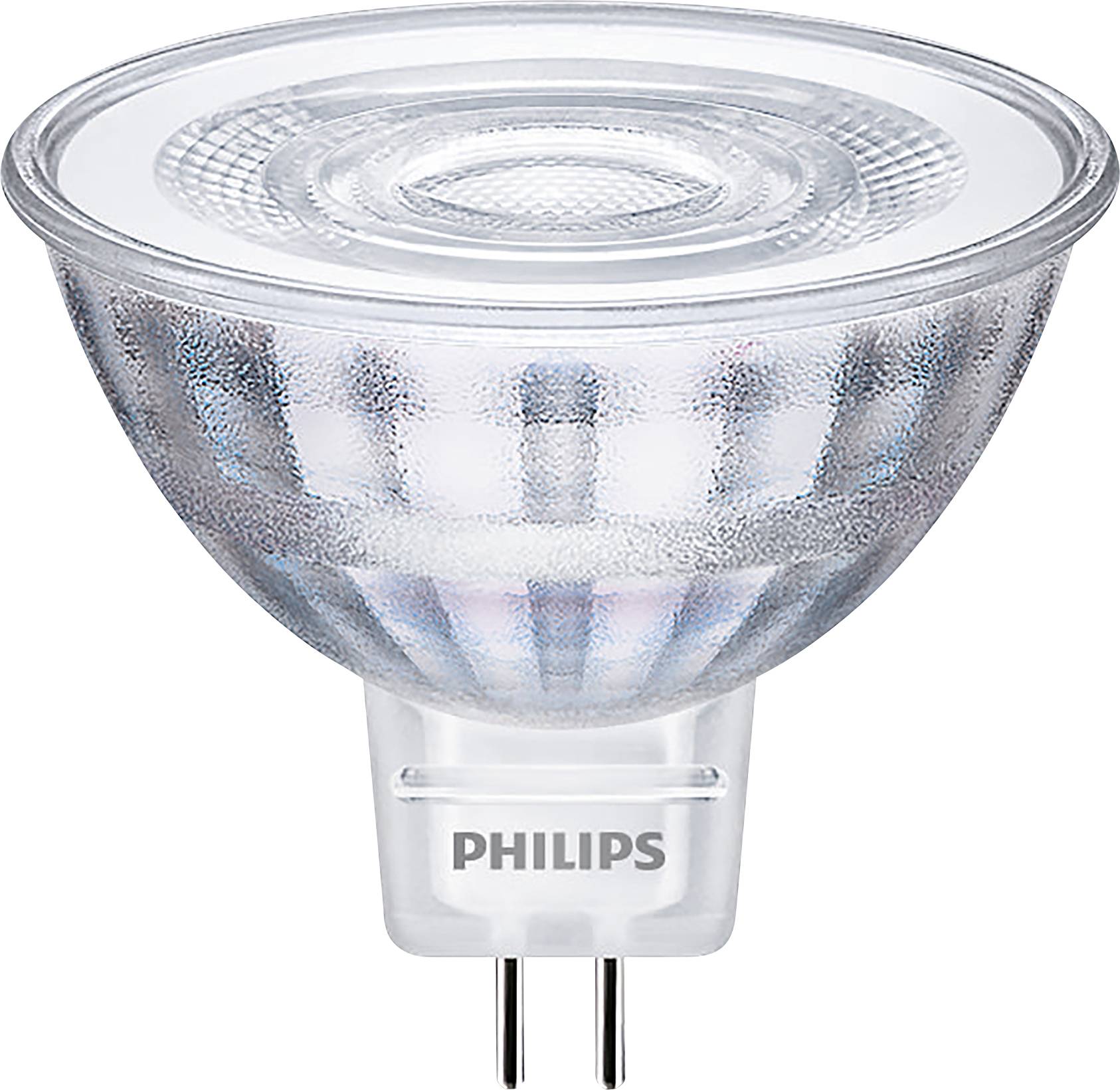Philips LED-gloeilamp met GU5.3-fitting, transparant glas en reflecterende binnenkant, geschikt voor verlichting.