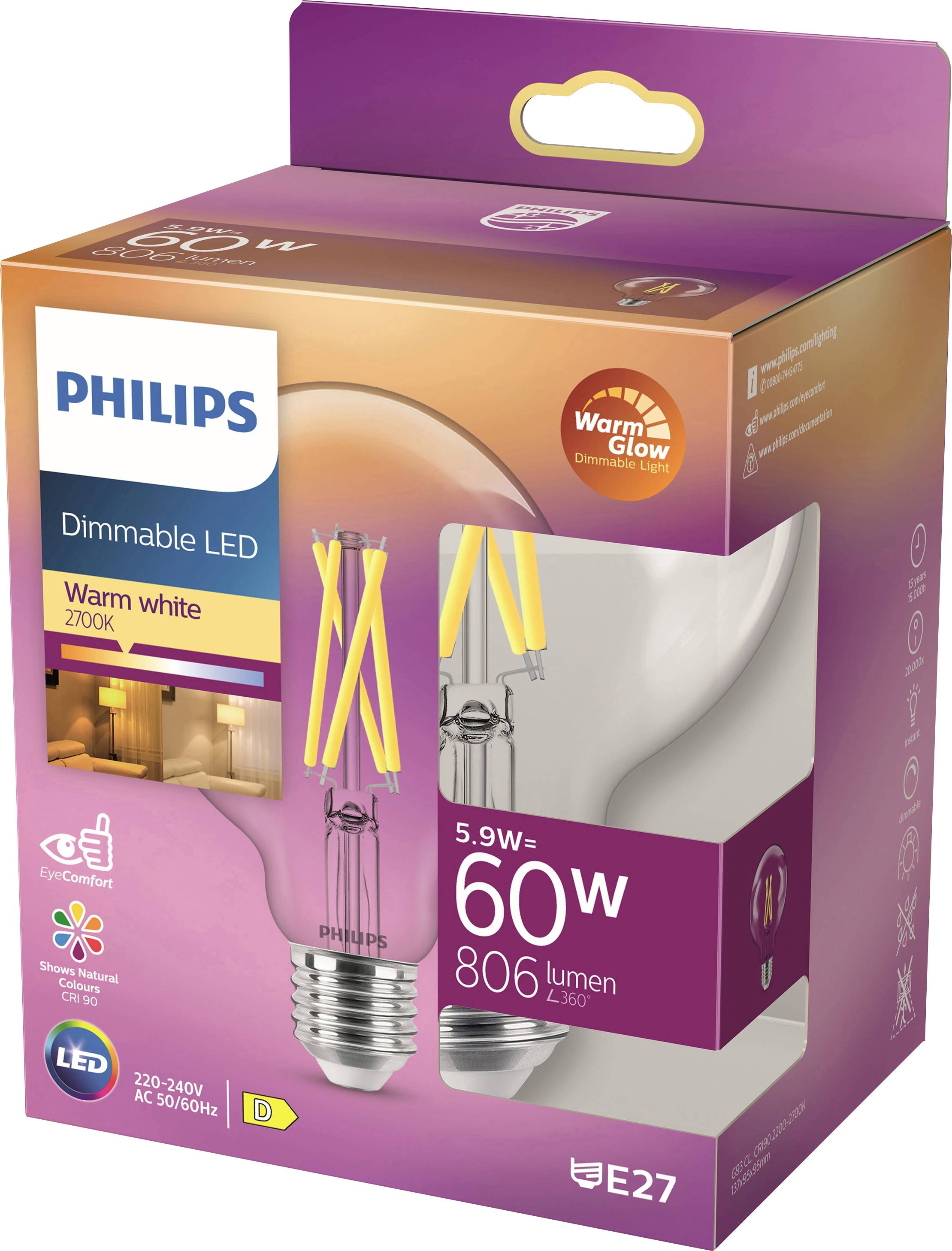 Philips dimbare LED-lamp, 5,9W (komt overeen met 60W), warmwit licht met 2700K, 806 lumen, E27-fitting, voor gezellige verlichting.
