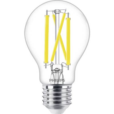 Een heldere gloeilamp met zichtbare gele filamenten en een zilveren schroeffitting, gekenmerkt door het logo.