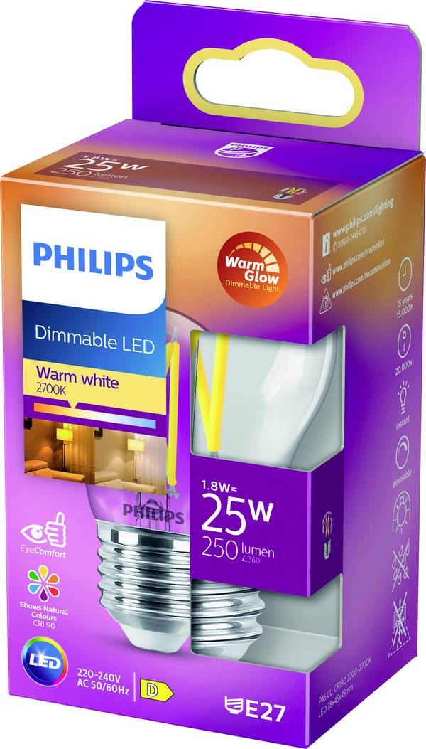 Philips LED 871951432419000 LED-lamp Energielabel D (A - G) E27 Kogel 2.5 W = 25 W Warmwit (Ø x h) 45 mm x 78 mm Dimbaar 1 stuk(s)