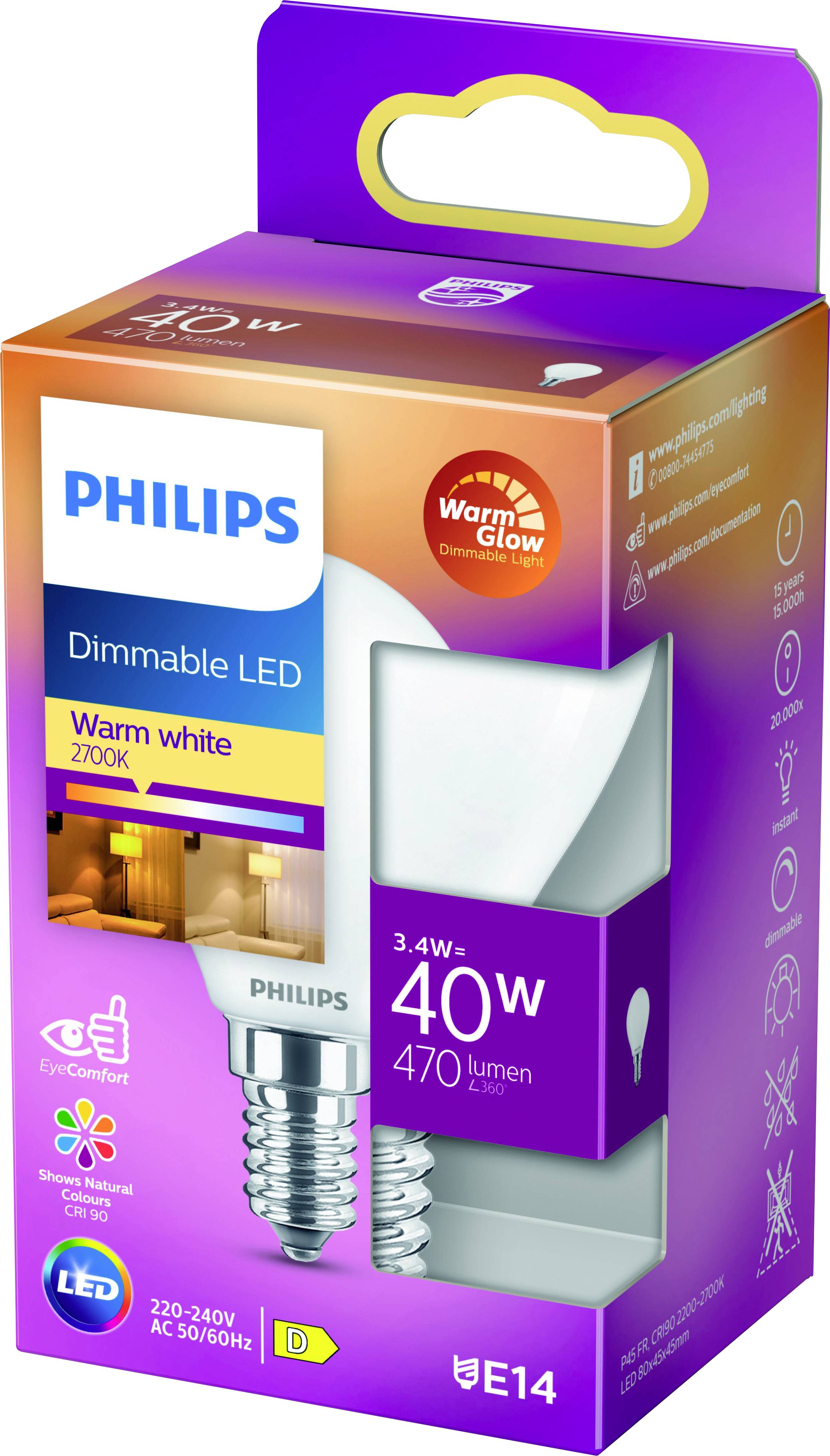 Dimbare LED-lamp, warm wit licht, 3,4W, 470 lumen, E14-fitting. Verpakking toont merknaam en energiebesparingstips.