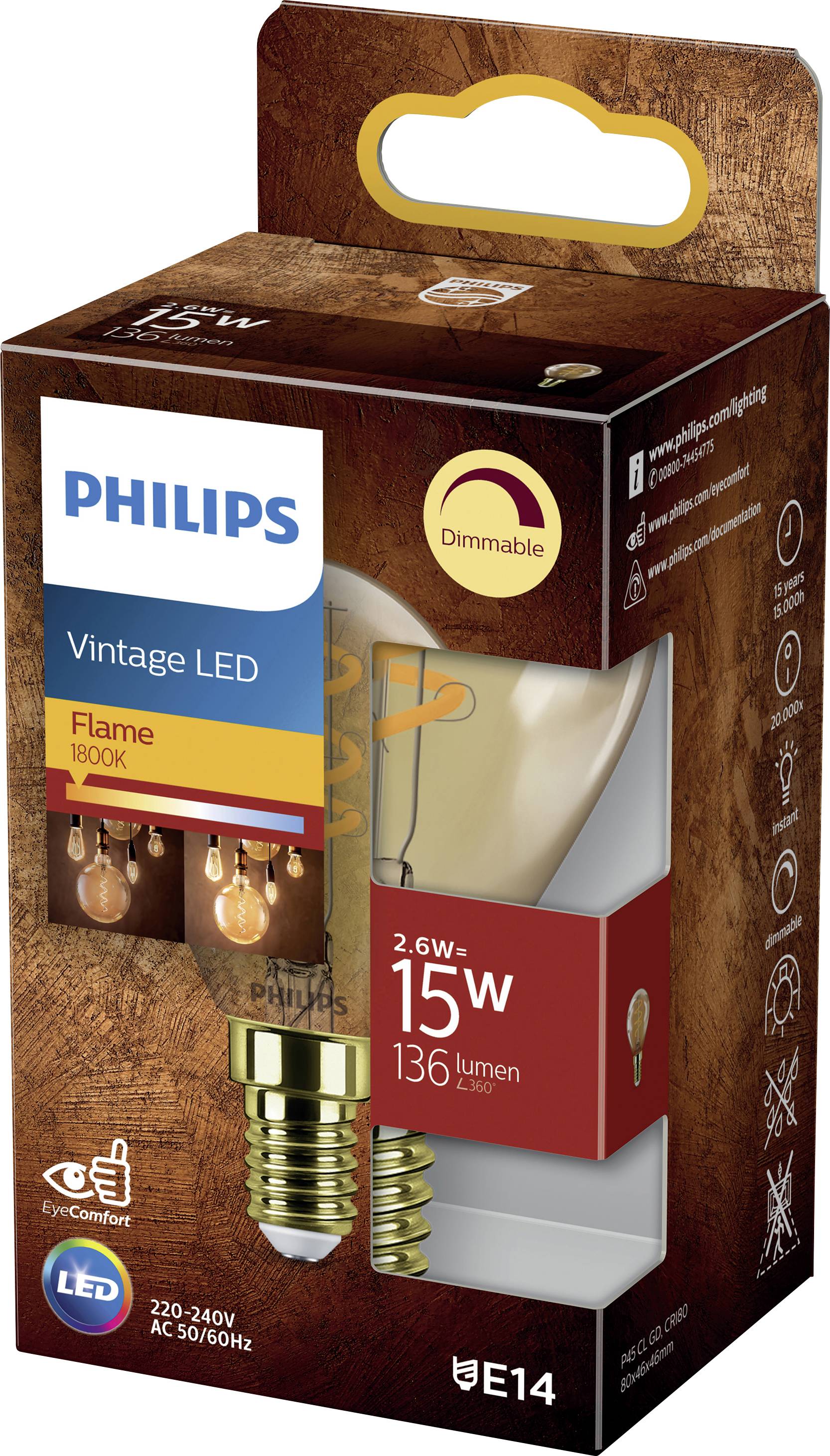 Verpakking van een Philips Vintage LED-lamp, E14-fitting, 2,6W, equivalent van 15W, 136 lumen, kaarsvorm, dimbaar, warm licht.