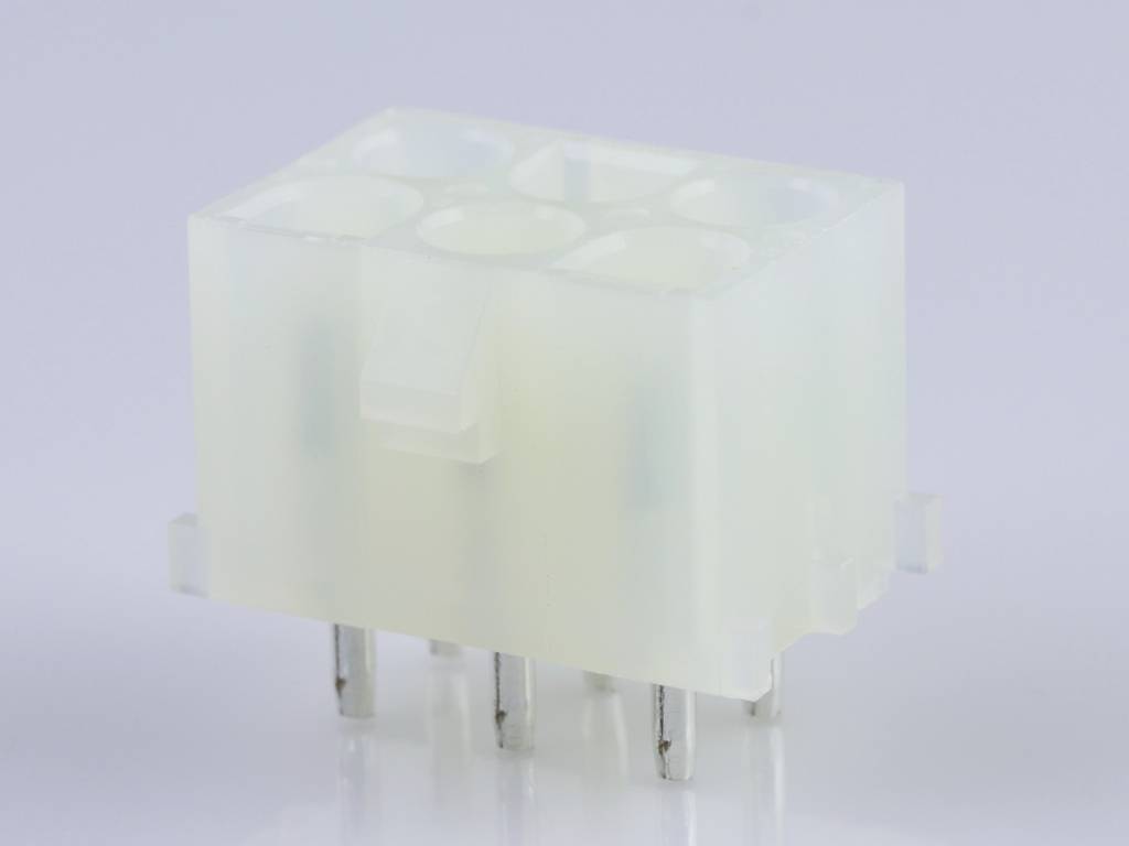 Een transparante kunststof stekker met zes metalen pinnen, geschikt voor elektronische verbindingen.