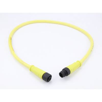 Geel rond kabel met zwarte connectoren aan beide uiteinden, op een witte achtergrond.