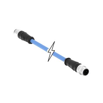 Een blauwe kabeladapter met zwarte stekkerverbindingen aan beide uiteinden. Een bliksemflitsymbool in het midden wijst op stroomtoevoer.