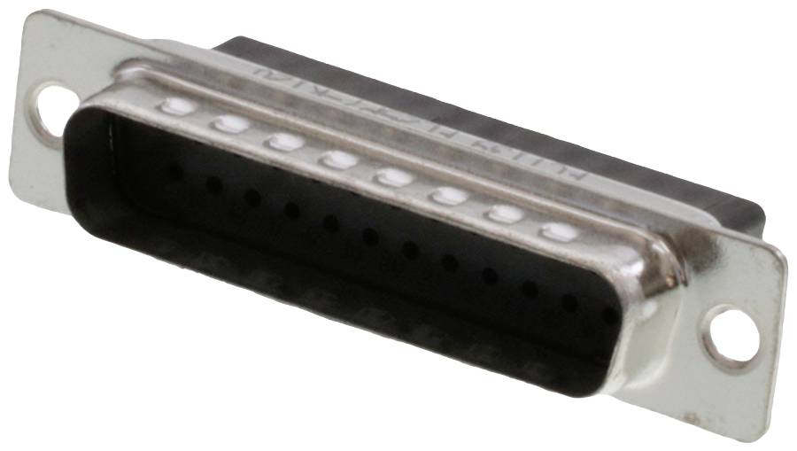 Een rechthoekige, metalen 24-pins stekker met twee bevestigingsgaten, typisch voor elektronische interfaces.