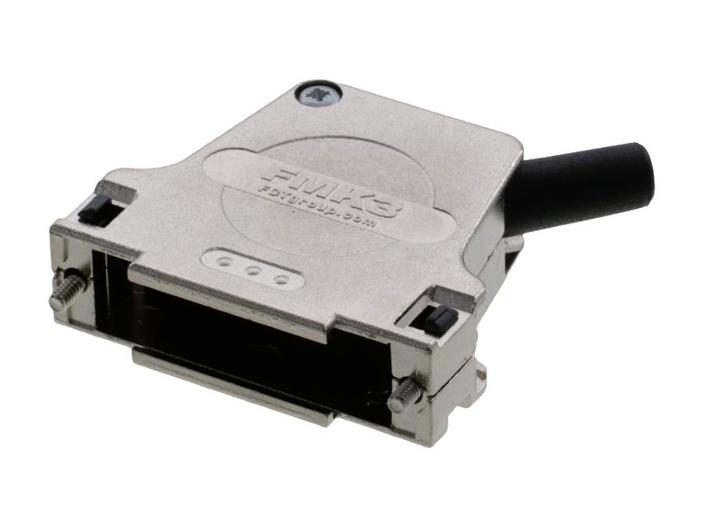 Metalen connector met vierkante vorm, met donkere kunststof behuizing aan de rechterkant. Schroefafsluiting linksboven.