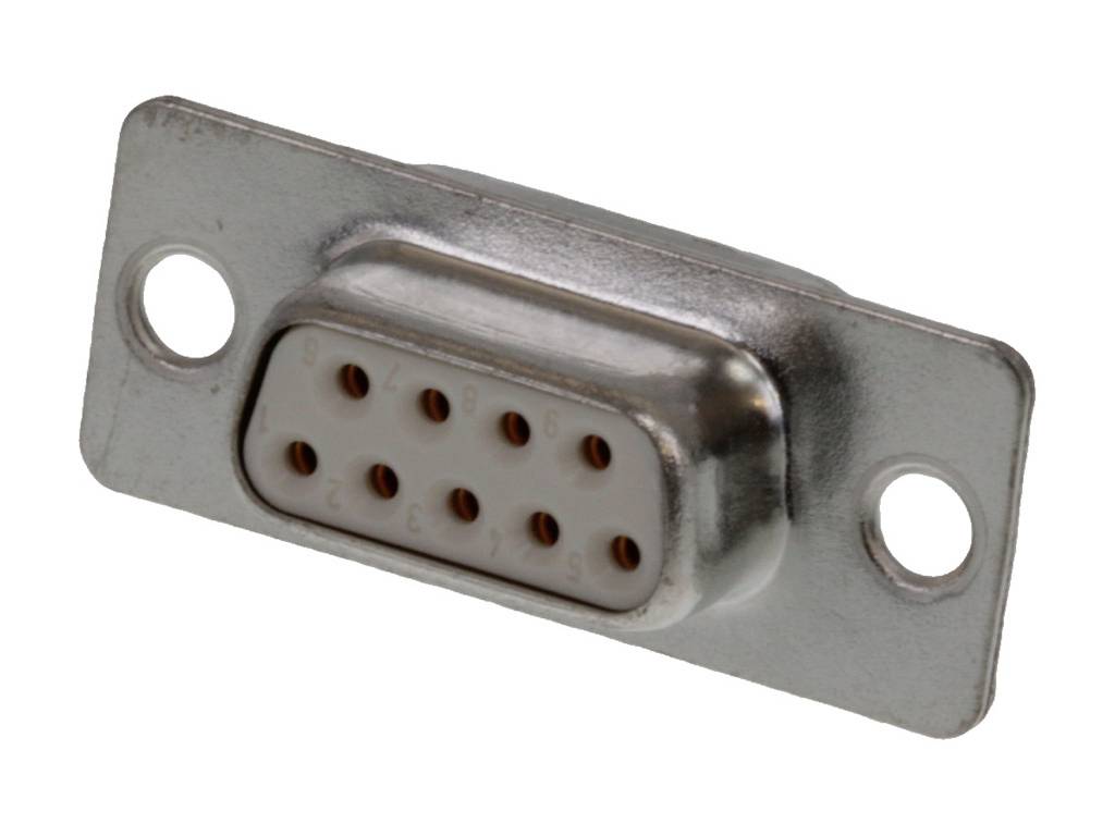 DB9-connector met negen pinnen, rechthoekige metalen behuizing, voor gegevensoverdracht in seriële communicatie, met bevestigingsgaten.