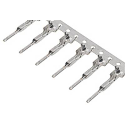 Metalen stiftcontacten, in een rij gerangschikt, op een bevestigingsstrip. Ze worden gebruikt voor elektrische verbindingen in schakelingen.