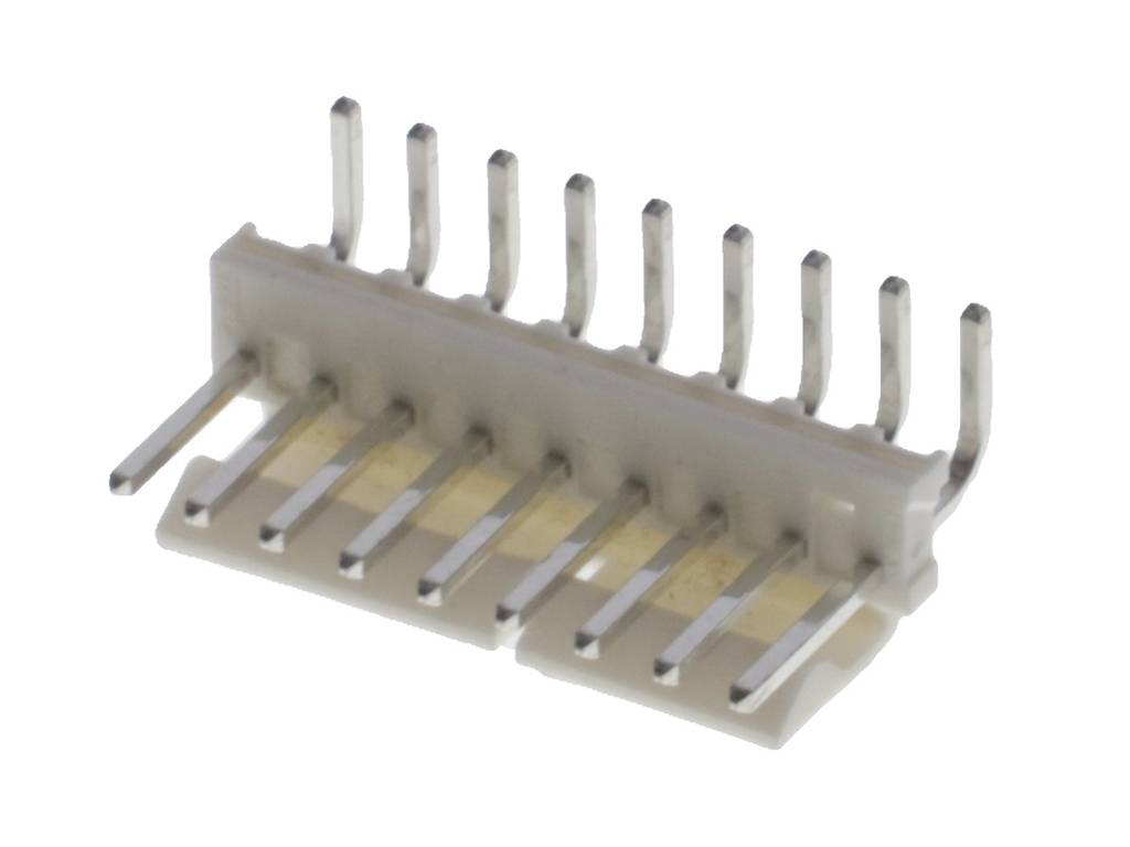 Elektronische stekkerverbinding met tien pinnen, gemonteerd op een kunststofbasis, voor het verbinden van elektrische schakelingen.
