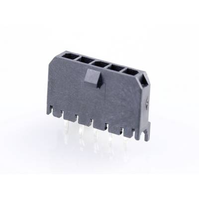 Een zwarte elektrische connector met vier aansluitpunten en zes metalen pinnen voor bevestiging op een printplaat.