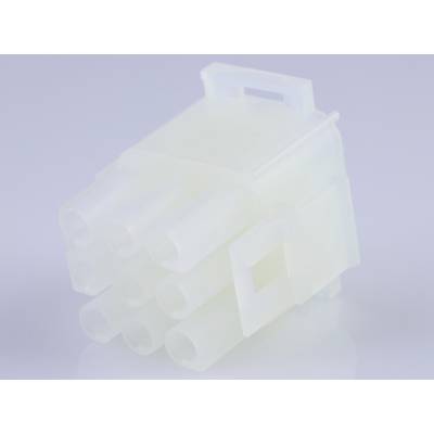 Een witte, transparante kunststof stekker met zes openingen, waarschijnlijk voor elektronische verbindingen.