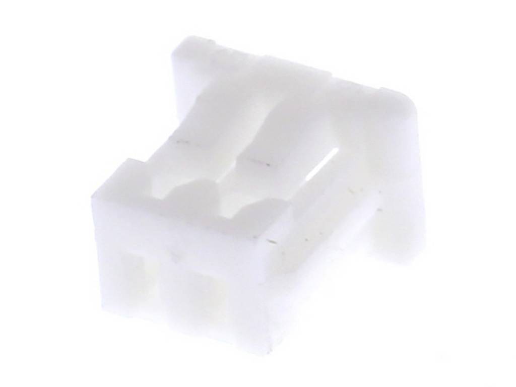 Witte kunststof steekverbinding met drie aansluitingen, weergegeven van opzij. Geschikt voor elektronische verbindingen.