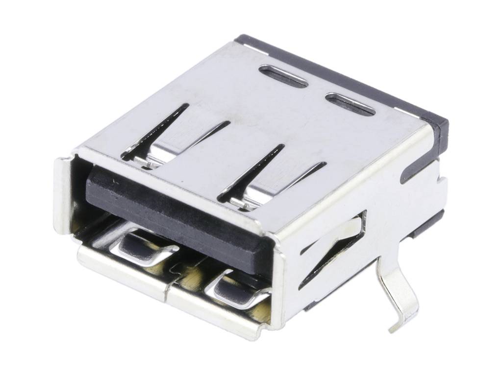 Een USB-aansluiting met een rechthoekige metalen behuizing en meerdere contactpunten, geschikt voor het verbinden van elektronische apparaten.