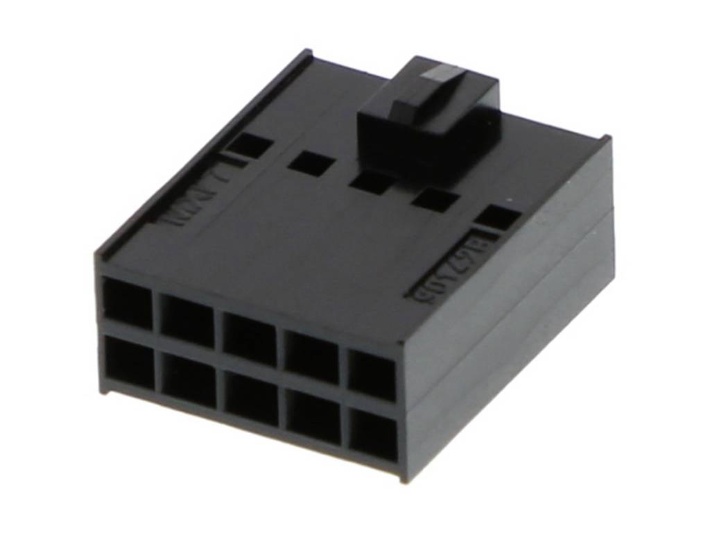 Zwarte zespolige stekker met vergrendelbare clipbevestiging, gebruikt voor elektrische aansluitingen op printplaten.