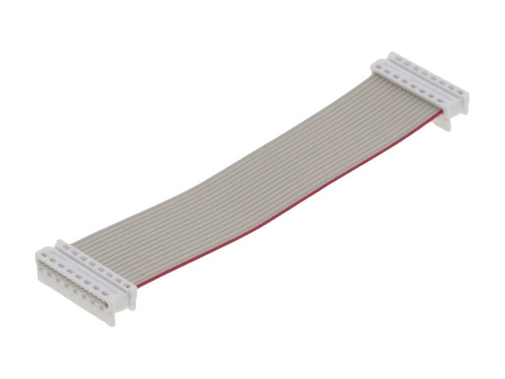 Platte kabel met grijze geleiders en witte connectoren aan beide uiteinden.