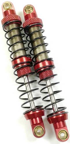 Twee rode schokdempers met veren en metalen spiralen, parallel naast elkaar liggend.