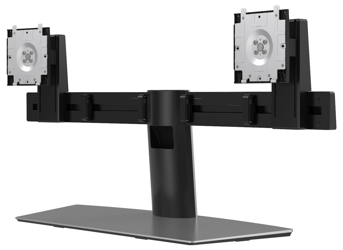 Een tweevoudige monitorstandaard met verstelbare armen en VESA-bevestigingen op een platte voet, ontworpen om twee schermen naast elkaar te plaatsen voor ergonomische weergave.