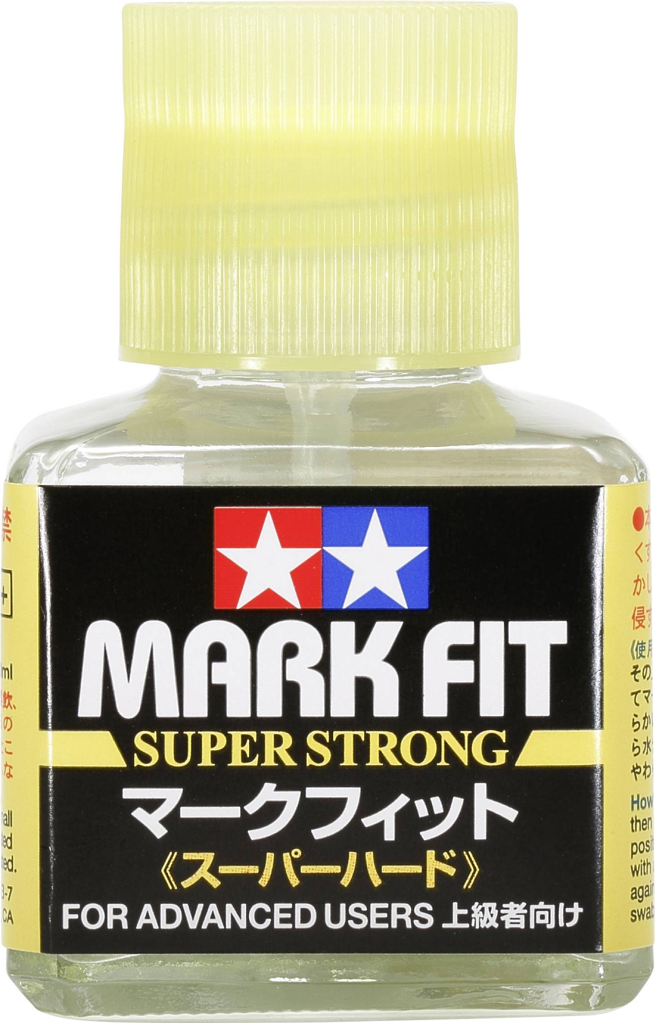 Een fles modelbouwlijm 'Mark Fit Super Strong' met een gele dop, geëtiketteerd voor gevorderde gebruikers.
