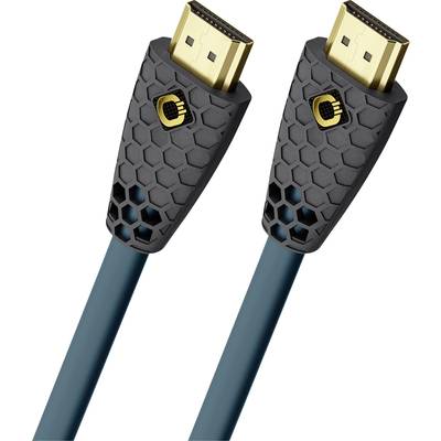Twee zwarte HDMI-kabelstekkers met gouden aansluitingen, bevestigd aan een blauw kabel, op een witte achtergrond.