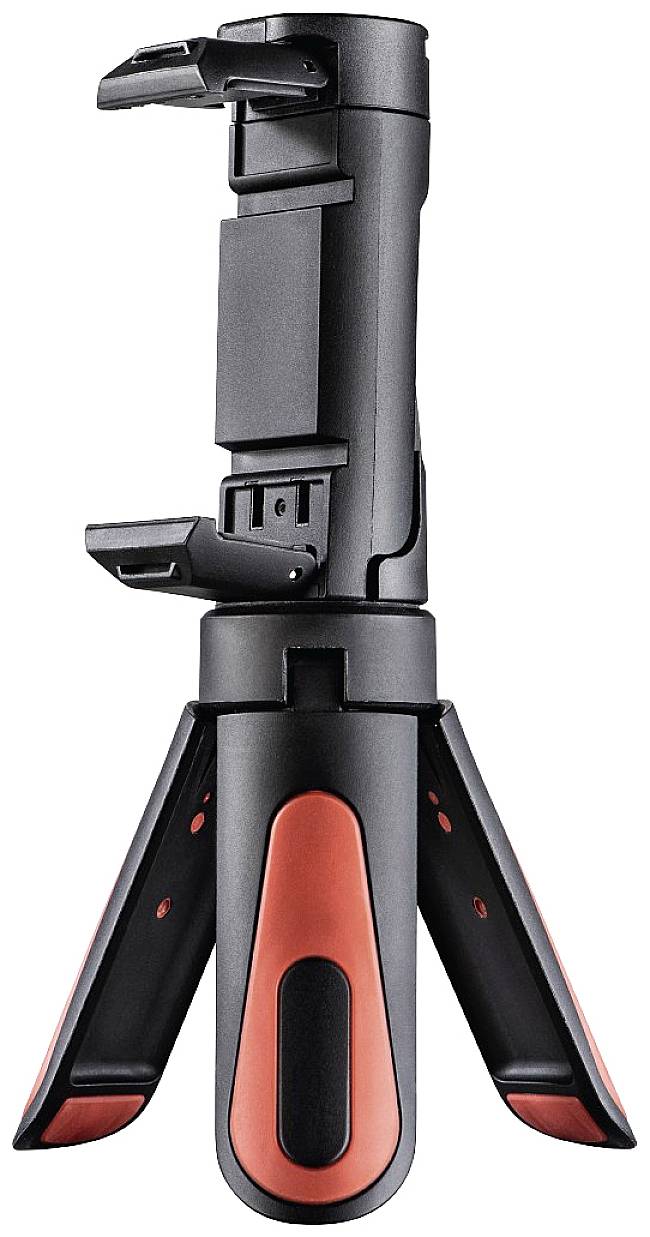 Een compact, opvouwbaar statief met rood en zwart design, geschikt voor het vasthouden en stabiliseren van camera's of smartphones.