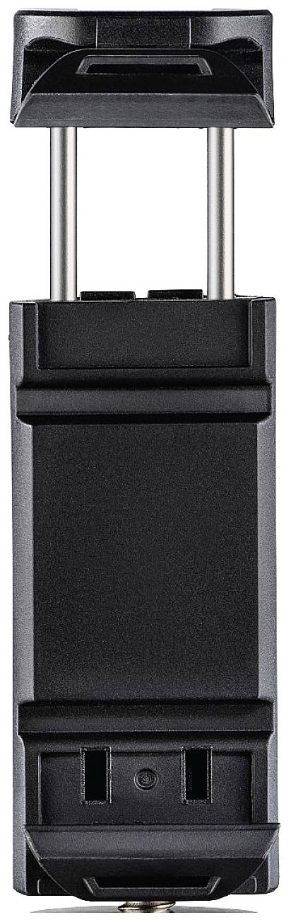 Kleine zwarte mobiele telefoonhouder met uittrekbare metalen stangen voor eenvoudige apparaatbevestiging.