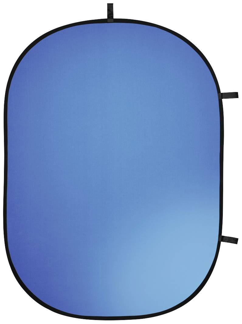 Blauwe, ovale fotografenachtergrond met zwarte randen en meerdere lussen om te bevestigen.