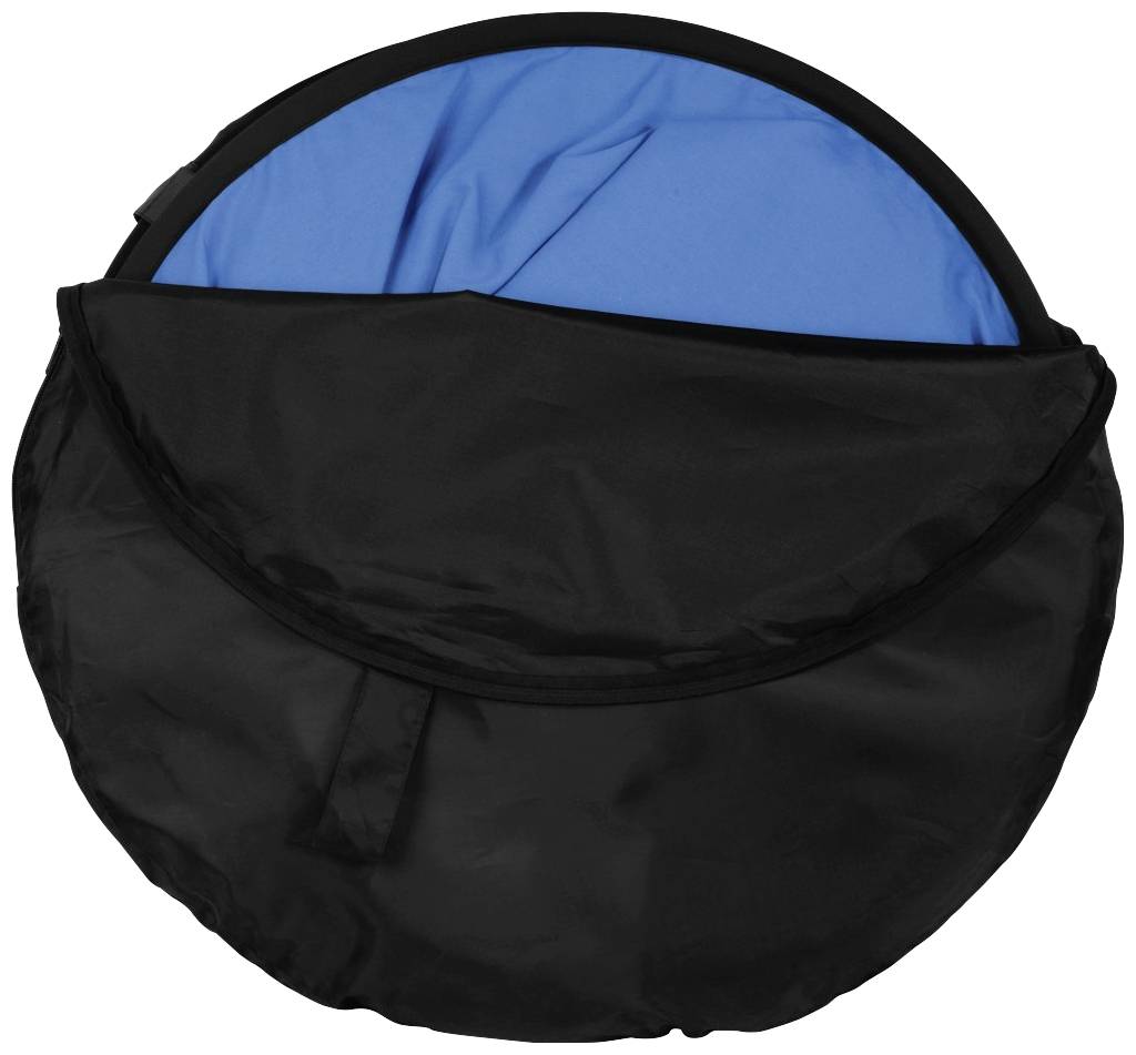 Zwarte ronde tas met een rits, die een blauwe stof aan de binnenkant laat zien.