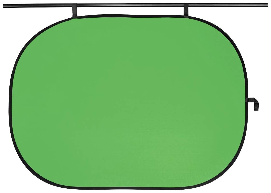 Een groene opvouwbare achtergrond voor fotografie, uitgerekt aan een stang. Ideaal voor video-opnames en beeldbewerking.