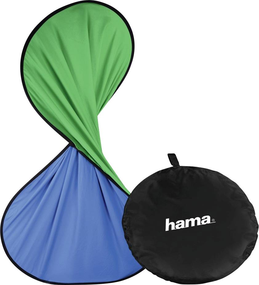 Tweezijdige achtergrond met groene en blauwe stoffenkant, samen met een zwarte draagtas met de opdruk 'hama'.