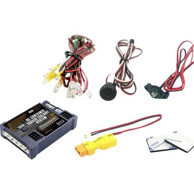 Een elektronicaset met besturingsmodule, LED-verlichting, kabels en plakpads. Bedoeld voor installatie in modelbouwprojecten.