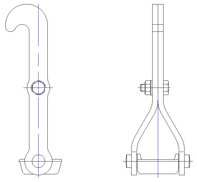 Technische tekening van een haak van voren en opzij, toont details van de vorm en bevestiging met bouten en moeren.