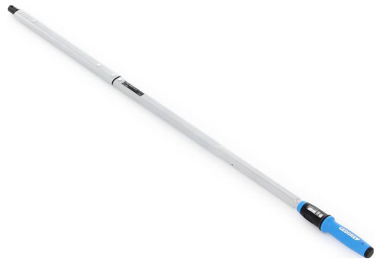 Een lange, zilveren telescopische stok met een blauwe handgreep, gebruikt om het bereik te verlengen, waarschijnlijk voor schoonmaken of schilderen.
