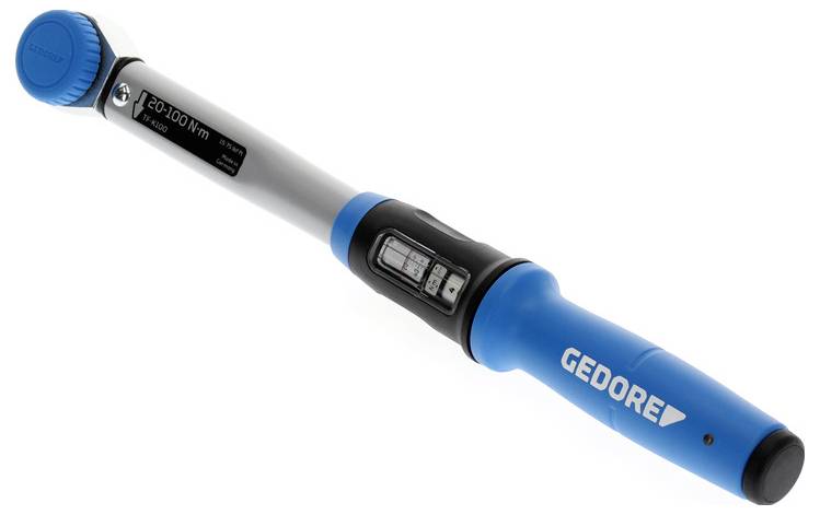 Een blauwe en zilveren momentsleutel met een digitaal display, gelabeld 'GEDORE,' die een bereik toont van 20-100 Nm.