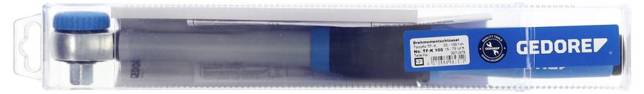 Een verzegelde plastic behuizing met een blauwe en zilveren Gedore gereedschap met een handgreep.