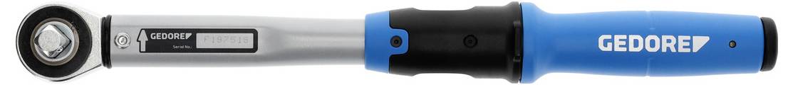 Een blauwe momentsleutel met 'GEDORE' branding op de handgreep, voorzien van een instelbare schaal en een wijzerplaat voor nauwkeurige metingen.